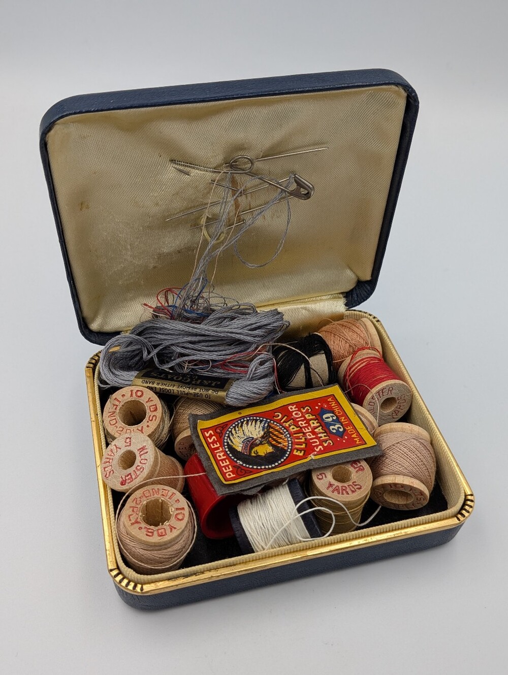 Vintage mid-century sewing darning kit wood bobbins spools